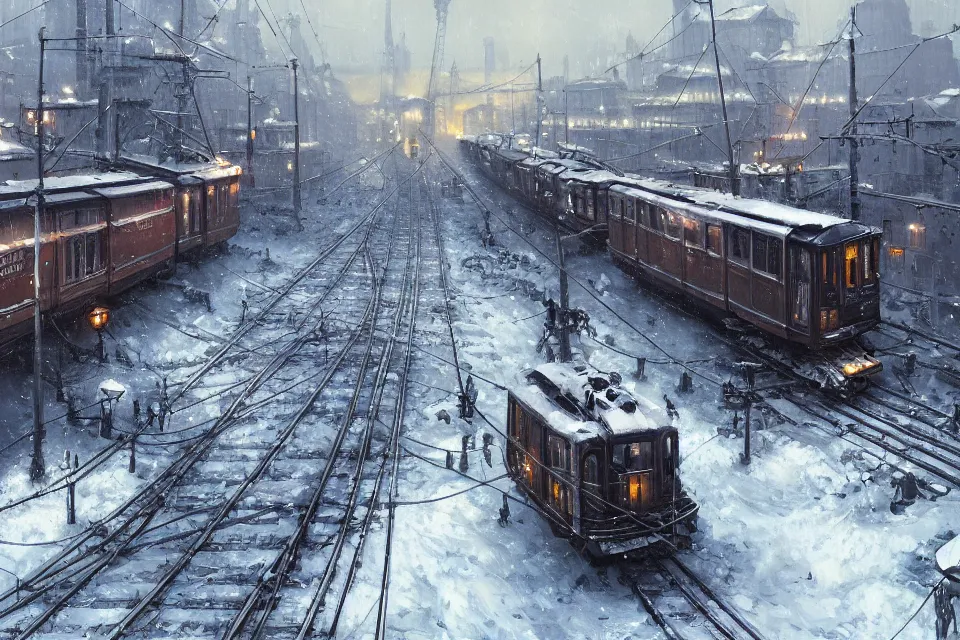 Image similar to highly detailed painting of dieselpunk stockholm, winter, snow, tram on rail tracks, wires, dystopia, by greg rutkowski, by raphael lacoste, 4 k resolution, trending on artstation