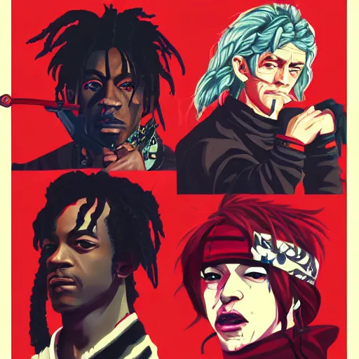 Image similar to Young Thug, Playboi Carti and Lil Uzi Vert, Ninja Scrolls, Gang, Pistol, Blood, red smoke, by Sachin Teng, by artgem, by Loish Trending on artstation