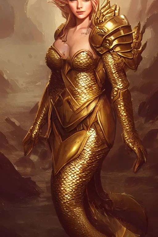 Image similar to mermaid with golden armor, d & d, fantasy, portrait, highly detailed, headshot, digital painting, trending on artstation, concept art, sharp focus, illustration, art by artgerm and greg rutkowski and magali villeneuve