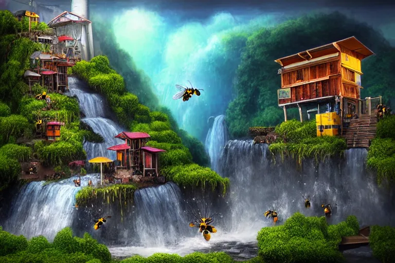 Image similar to waterfall favela honeybee hive, mission environment, lightning, industrial factory, award winning art, epic dreamlike fantasy landscape, ultra realistic,