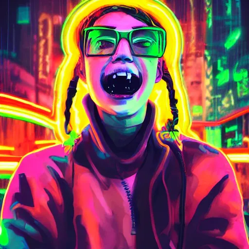 Image similar to portrait of taking a bite out of an edible rgb light with a gooey filling being sold at a road side stand, cyberpunk, high quality, digital art, ue 5,