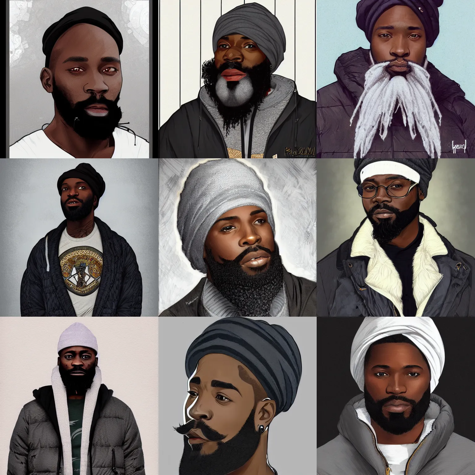 Prompt: handsome ghanian 🧔🏿 urban hiphop dj with a beard full beard, wearing a dark gray du rag and a black winter puffer coat, white background, intricate portrait illustration by krenz cushart, alphonse mucha, artgerm, trending on artstation, 8 k, hd,