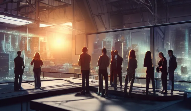 Image similar to group of people in simple warehouse, looking at hologram of futuristic city on a table, cinematic concept art, godrays, golden hour, natural sunlight, 4 k, clear details, tabletop model buildings, center model buildings, hologram center, crane shot, crane shot, crane shot