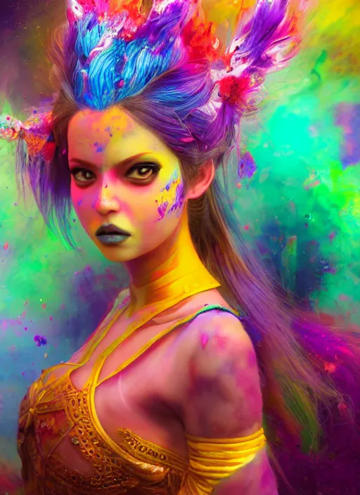 Prompt: An epic fantasy comic book style full body portrait painting of a very beautiful vibrant holi nebulapunk girl, awesome pose, character design by Mark Ryden and Pixar and Hayao Miyazaki, unreal 5, DAZ, hyperrealistic, octane render, cosplay, RPG portrait, dynamic lighting, intricate detail, summer vibrancy, cinematic