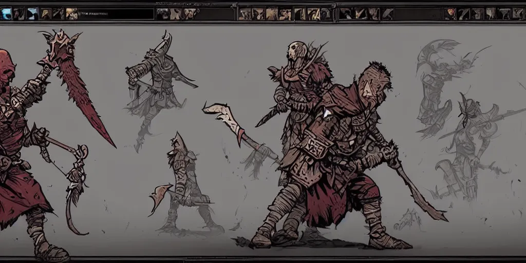 Prompt: warrior character design, idle, colored, sprite, darkest dungeon, pc game, sideview, art by moebius and greg rutkowski.