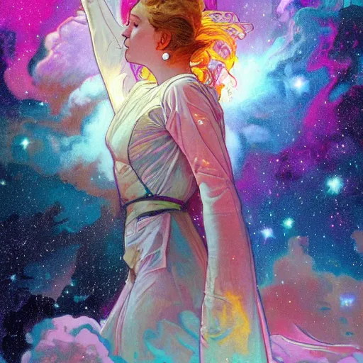 Image similar to over the cloud there is a cosmic girl, she isColorful astronaut, flowing robe, floating , colorful nebula, derelict space ship, science fiction spaceman, space, futuristic spacesuit, cover art, cinematic, highly detailed, strong line work, Alphonse Mucha, John Harris, 4k render, 4k post, hyper detailed