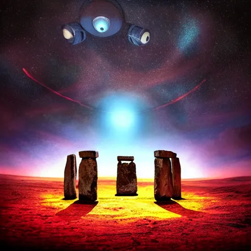 Prompt: stonehenge on mars being abducted by ufo beam, Mark Ryden style, vivid colors, high details, cinematic, 8k resolution, beautiful detailed, photorealistic, digital painting, dark atmosphere, artstation, concept art, smooth, sharp focus, illustration, fantasy background, artstation trending, octane render, unreal engine