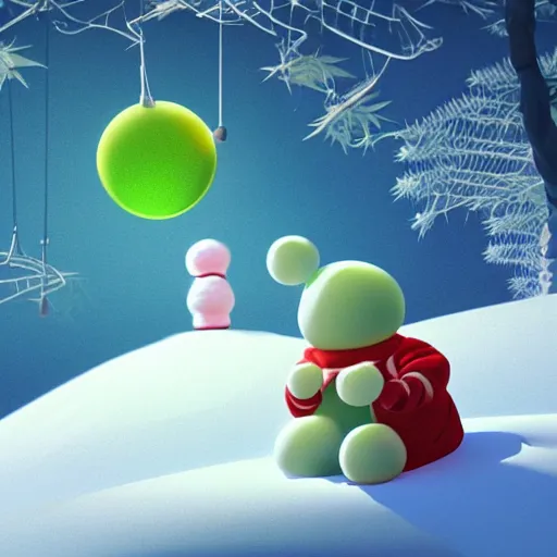 Prompt: a portrait of a mochi snowball - happily eating cannabis cookies with friends, friendly characters snowboarding in a gelatinous environment 3 d rendered in octane, by eyvind earle artgerm