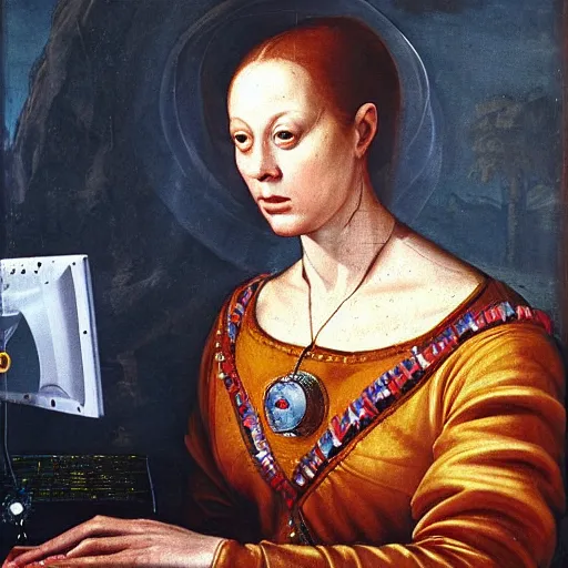 Image similar to Renaissance painting of a royal female cosmonaut using a computer