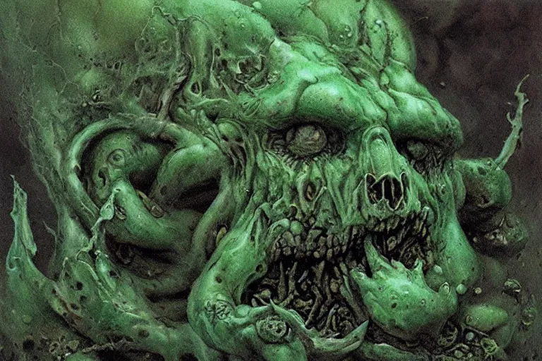 Prompt: Nurgle the Warhammer chaos god of disease, pestilence and decay, venomous, green acidic ooze, rotten flesh, by Zdzislaw Beksinski