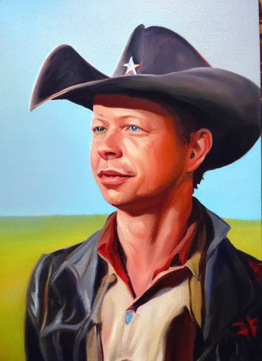 Image similar to oil painting portrait of brock pierce, american flag on background, cowboy style.