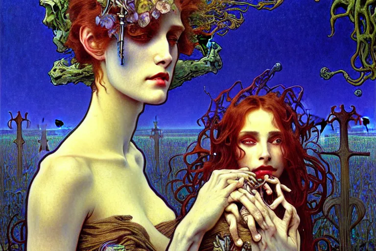 Image similar to realistic detailed portrait painting of a beautiful woman with a zombie, nightly graveyard landscape background by Jean Delville, Amano, Yves Tanguy, Alphonse Mucha, Ernst Haeckel, Edward Robert Hughes, Roger Dean, rich moody colours, blue eyes