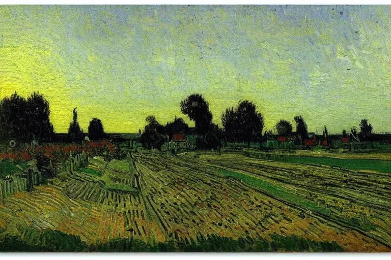 Image similar to oil painting of a Dutch landscape called het Beuven in Someren, by sunset, painted by Vincent Van Gogh