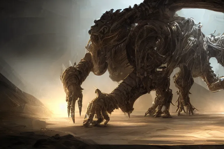 Image similar to robosaurus parallax datacenter server room interior single mono colossus white rusty robot sitting artstation cinematic detailed concept art volumetric light sharp coherent cgsociety symmetric perfect well balanced shadows lotr technogoddess