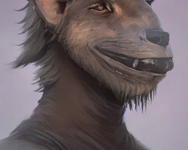 Image similar to A detailed matte oil on canvas head on symmetrical portrait of a man with the head of a hyena wearing heavy armor by Charlie bowater, Lise Deharme, Wlop, trending on artstationhd, dungeons and dragons art, critical role