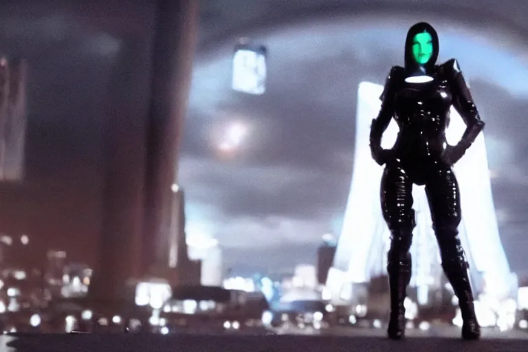 Prompt: VFX movie closeup of a gorgeous futuristic Denise Milani in black spandex armor in future city, hero pose, beautiful skin, natural city night lighting by Emmanuel Lubezki