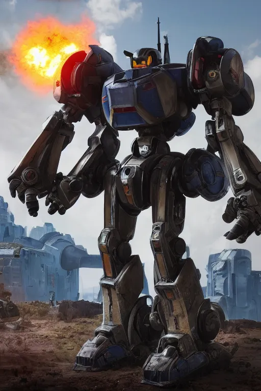 Image similar to mechwarrior 5 : mercenaries mech megaman transformer robot boss tank engine game octane render, 4 k, hd 2 0 2 2 3 d cgi rtx hdr style chrome reflexion glow fanart, global illumination ray tracing hdr fanart arstation by sung choi and eric pfeiffer and gabriel garza and casper konefal pixar and disney unreal zbrush central hardmesh