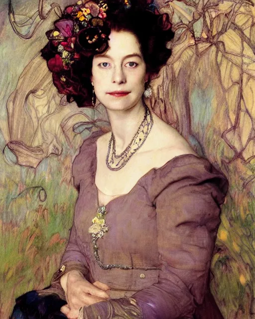 Image similar to queen elizabeth, portrait painting by richard schmid, edgar maxence, kehinde wiley, thomas moran, maxfield parrish, studio ghibli, loish, alphonse mucha, fashion photography