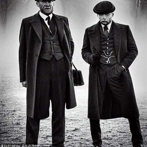 Prompt: medium long shot, 3 / 4 shot, full body, of clint eastwood and tom hardy posing, sharp eyes in the style of peaky blinders, detailed, black and white, sharp, dreamy, misty woods, epic by diane arbus