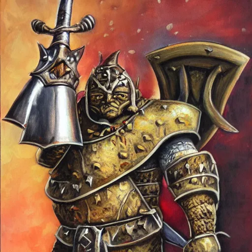 Image similar to ogre warrior wearing plated armor who is holding a battle axe in the style of warhammer fantasy : : head and torso oil painting