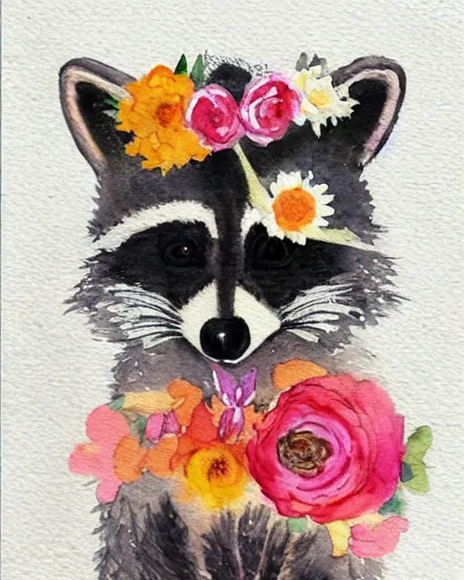 Image similar to a painting of a raccoon wearing a flower crown, a watercolor painting by annabel kidston, a storybook illustration, trending on pinterest, rococo, made of flowers, watercolor, whimsical, white paper