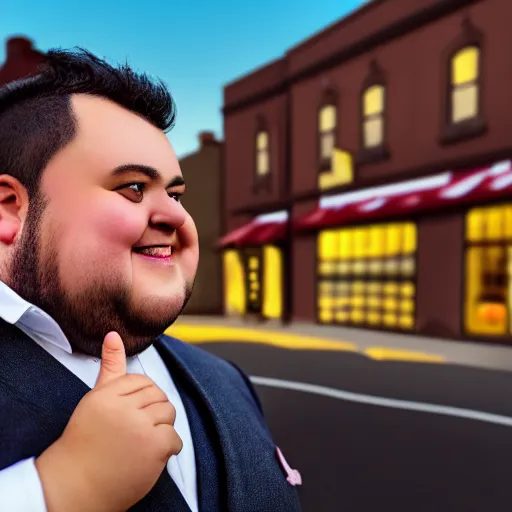 Image similar to Close up portrait of a chubby man wearing a brown suit and necktie with a bakery in the background. Photorealistic. Award winning. Dramatic lighting. Intricate details. UHD 8K. He looks happy.