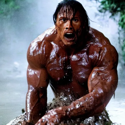 Prompt: film still of a mud - covered dwayne johnson as dutch looking in panic in predator 1 9 8 7, hd, 8 k