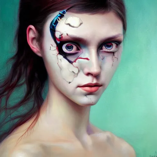 Prompt: her eyes reflect the source code of my soul, oil on canvas portrait by james jean and esao andrews