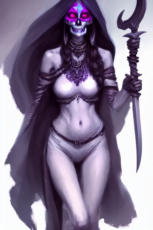 Prompt: Full body character concept art of a female Drow necromancer, skull scythe, pretty face, long dark hair, by Stanley Artgerm Lau, WLOP, Rossdraws, James Jean, Andrei Riabovitchev, Marc Simonetti, and Sakimichan, tranding on artstation