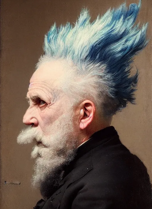 Prompt: a detailed portrait of old man with a extravagant mohawk by edouard bisson, blue hair, punk rock, oil painting, muted colours, soft lighting