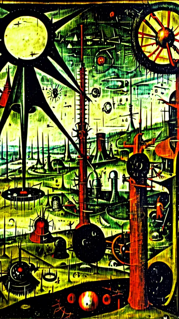 Image similar to a scifi illustration, dark and gothic Hieronymous Bosch machinery factory polluting the land and blocking the sun oil on canvas with mechanical frame