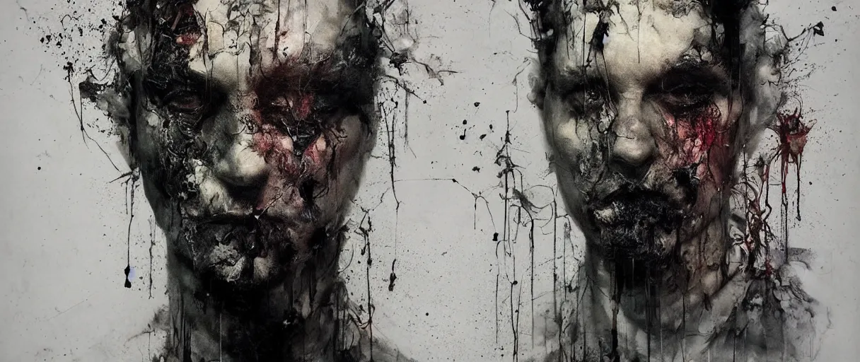 Image similar to portrait of the wicther by emil melmoth zdzislaw beksinki craig mullins yoji shinkawa realistic render ominous detailed photo atmospheric by jeremy mann francis bacon and agnes cecile ink drips paint smears digital glitches glitchart