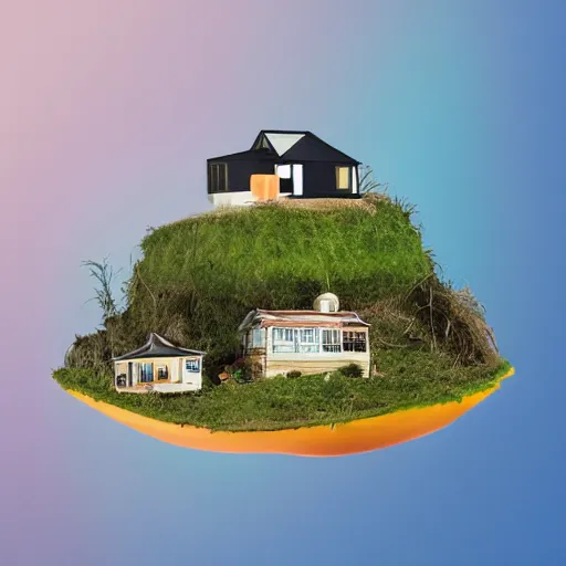 Image similar to a picture of a floating island with a house on it, an album cover by Justin Currie, polycount, plasticien, made of plastic, concert poster, made of trash