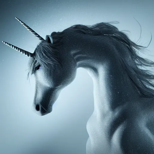 Image similar to full body pose, hyperrealistic photograph of a depressed unicorn, dim volumetric lighting, 8 k, octane beautifully detailed render, extremely hyper detailed, intricate, epic composition, cinematic lighting, masterpiece, trending on artstation, very very detailed, stunning, hdr, smooth, sharp focus, high resolution, award, winning photo, dslr, 5 0 mm