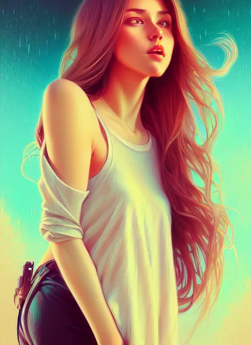 Image similar to attractive young women with shoulder length blonde hair, half body shot, path traced, highly detailed, high quality, digital painting, alena aenami, lilia alvarado, shinji aramaki, karol bak, alphonse mucha, tom bagshaw