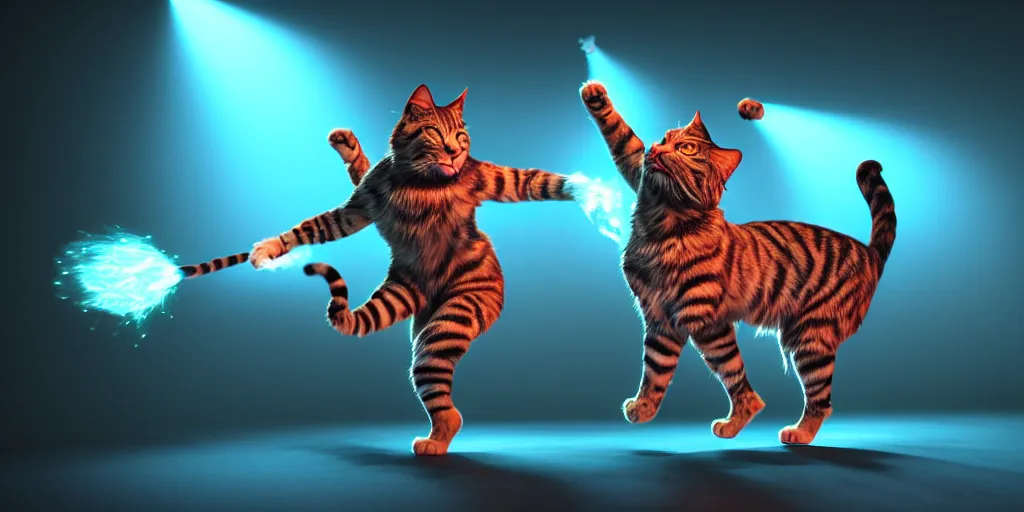 Image similar to 8 k uhd poser, redshift render of shiva the destroyer as a cosmic dancing cat, stage photography, volumetric lighting