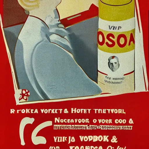 Image similar to promotional poster for vodka and tobacco in the hospital, mid - twentieth century american style art