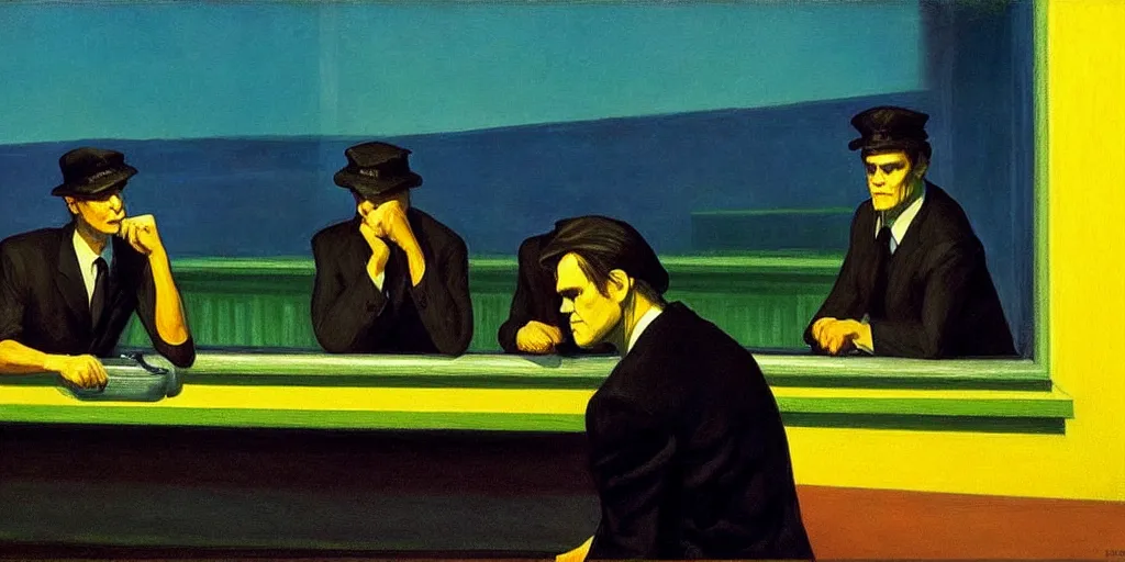 Image similar to jim carrey in the painting nighthawks by edward hopper with