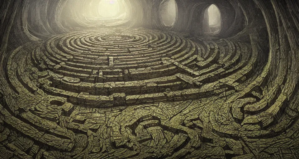 Image similar to ancient greek overgrown labyrinthwith an gigantic ancient altar in the center, by giger, stalenhag, beksinski, retro sci - fi movie, highly detailed, photorealistic, illustration, matte painting, 8 k, trending on artstation