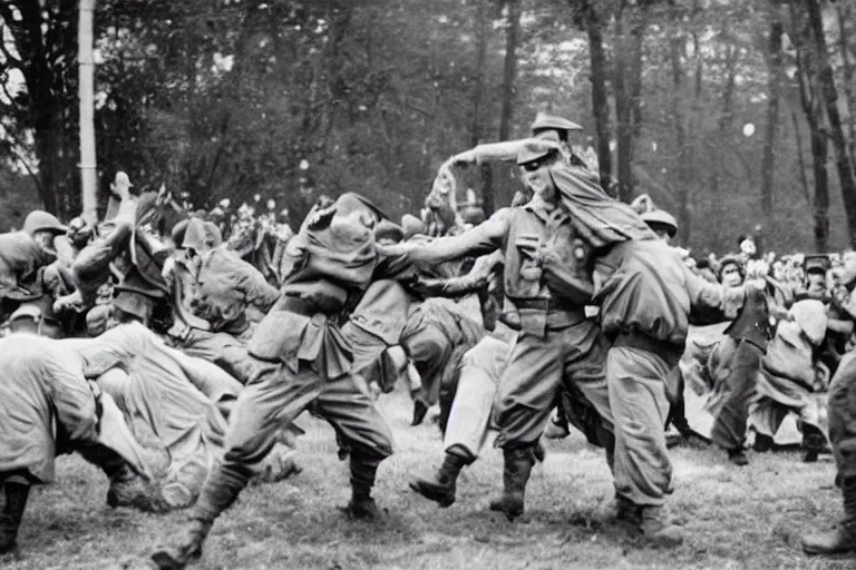 Image similar to world war 2 soldiers pillow fight, color