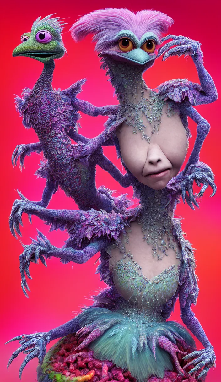 Image similar to hyper detailed 3d render like a Oil painting - kawaii portrait of two Aurora (a beautiful skeksis muppet fae queen protector from dark crystal that looks like Anya Taylor-Joy) seen red carpet photoshoot in UVIVF posing in scaly dress to Eat of the Strangling network of yellowcake aerochrome and milky Fruit and His delicate Hands hold of gossamer polyp blossoms bring iridescent fungal flowers whose spores black the foolish stars by Jacek Yerka, Ilya Kuvshinov, Mariusz Lewandowski, Houdini algorithmic generative render, Abstract brush strokes, Masterpiece, Edward Hopper and James Gilleard, Zdzislaw Beksinski, Mark Ryden, Wolfgang Lettl, hints of Yayoi Kasuma and Dr. Seuss, octane render, 8k