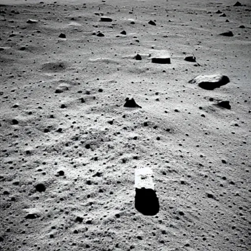 Prompt: distant view of an Easter Island statue on the lunar surface, Apollo 11 photo