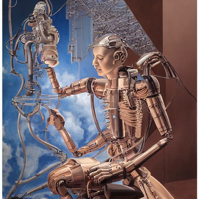 Prompt: robot artist painting a self - portrait on a canvas. intricate, highly detailed, digital matte painting in the style of alberto vargas and in the style of wayne barlowe. irony, recursion, inspiration.