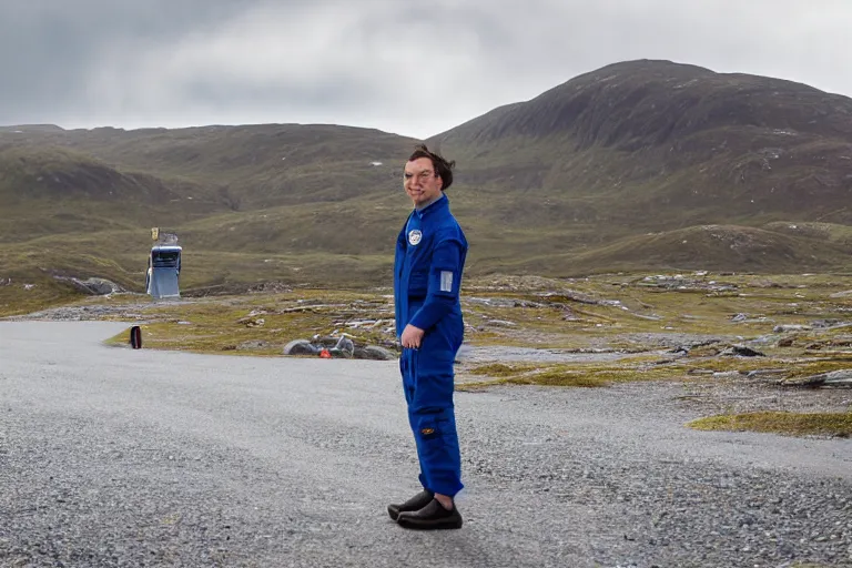 Prompt: tourist astronaut standing in the Isle of Harris, Scotland, a campervan in the background, 28 mm lens, photorealistic