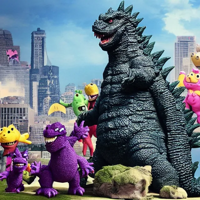 Image similar to Godzilla, Barney and Friends