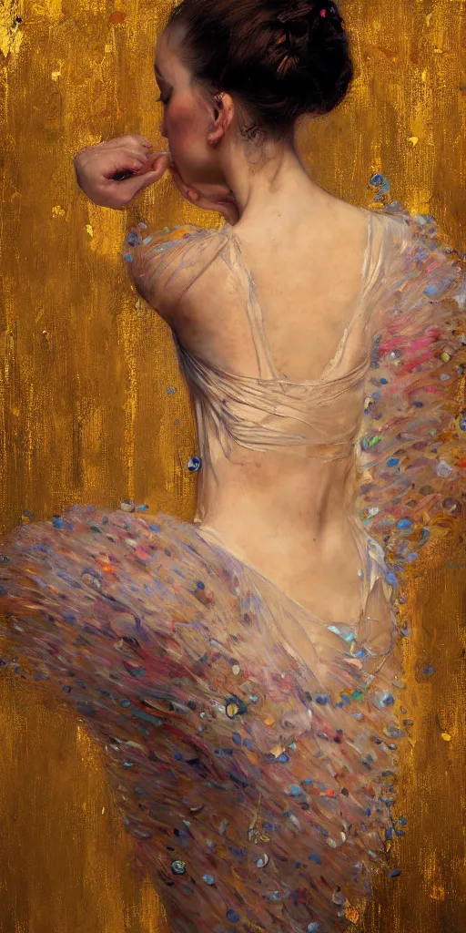 Image similar to an intricate portrait painting of an artistic pose young beautiful ballerina, klimt golden motives and textures, hyper - detailed, octane render, vivid colors, artstation, by jeremy mann, by gustav klimt