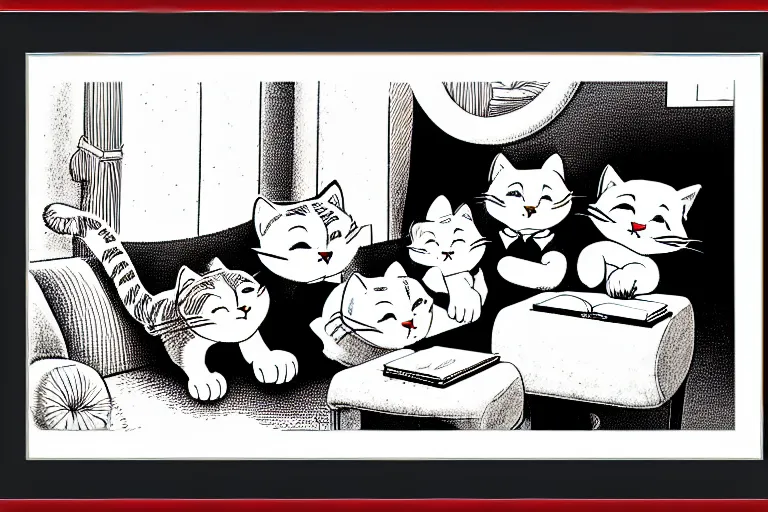 Prompt: side view of cats, framed photo hanging above couch, carl barks, cross hatching, red and black