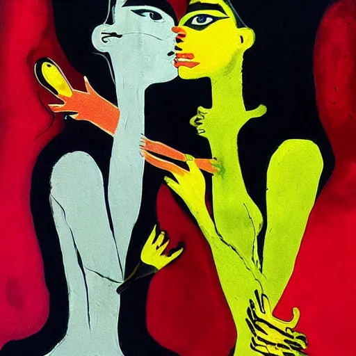 Prompt: beautiful painting of two bizarre psychedelic goth women kissing each other closeup in a cafe in japan, speculative evolution, mixed media collage by basquiat and jackson pollock, magazine collage art, sapphic art, lesbian art