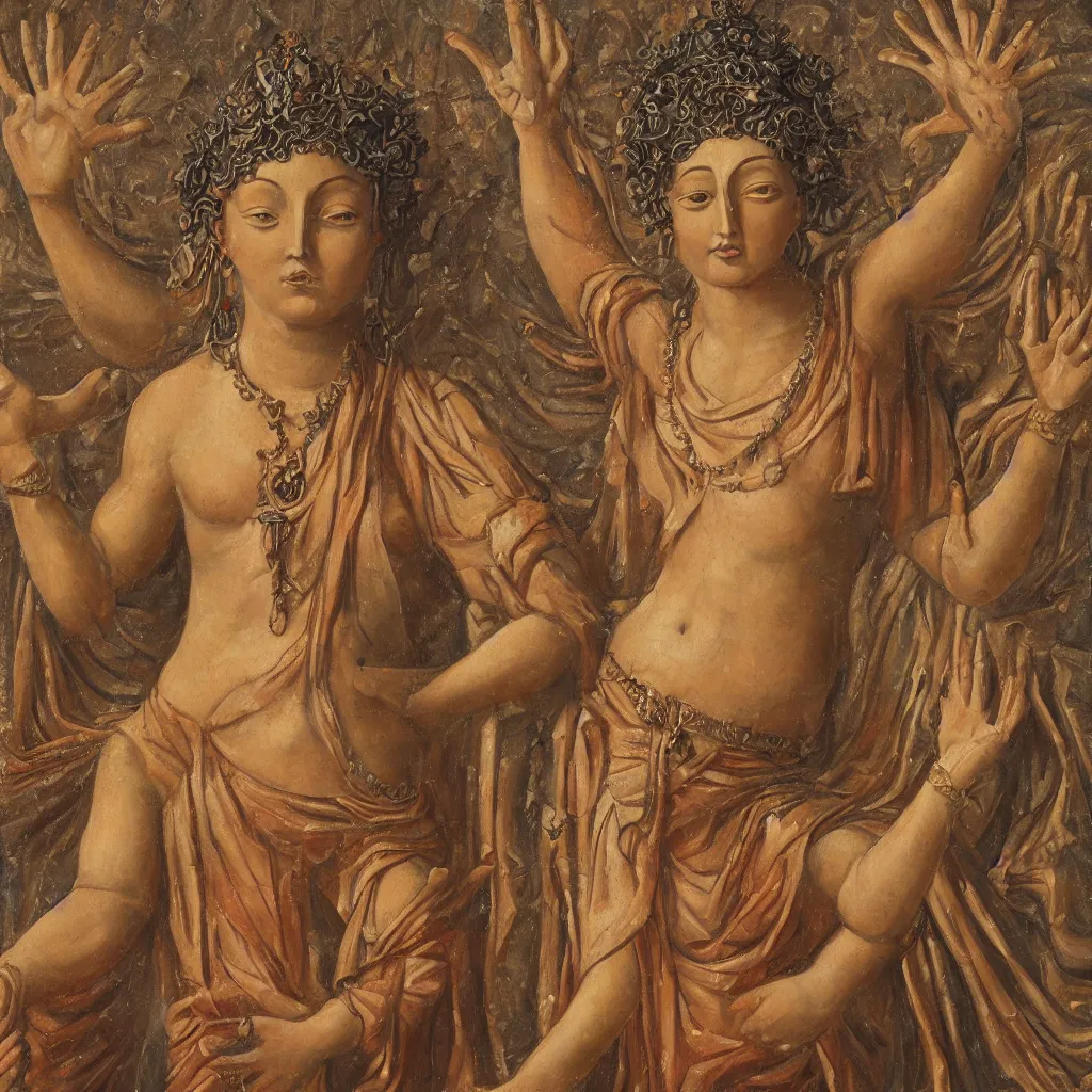 Image similar to young woman deity with multiple arms, highly detailed, oil painting