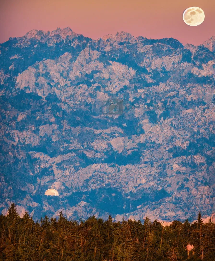 Image similar to a dslr hd picture of full moon rising between mountains, colorful birds flying around moon, moon light shining on mountains and lake below, highly detailed